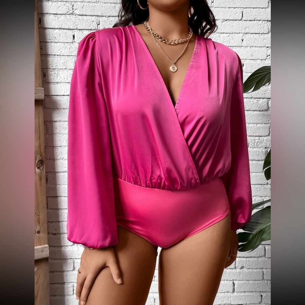 Plus Surplice Neck Lantern Sleeve Bodysuit